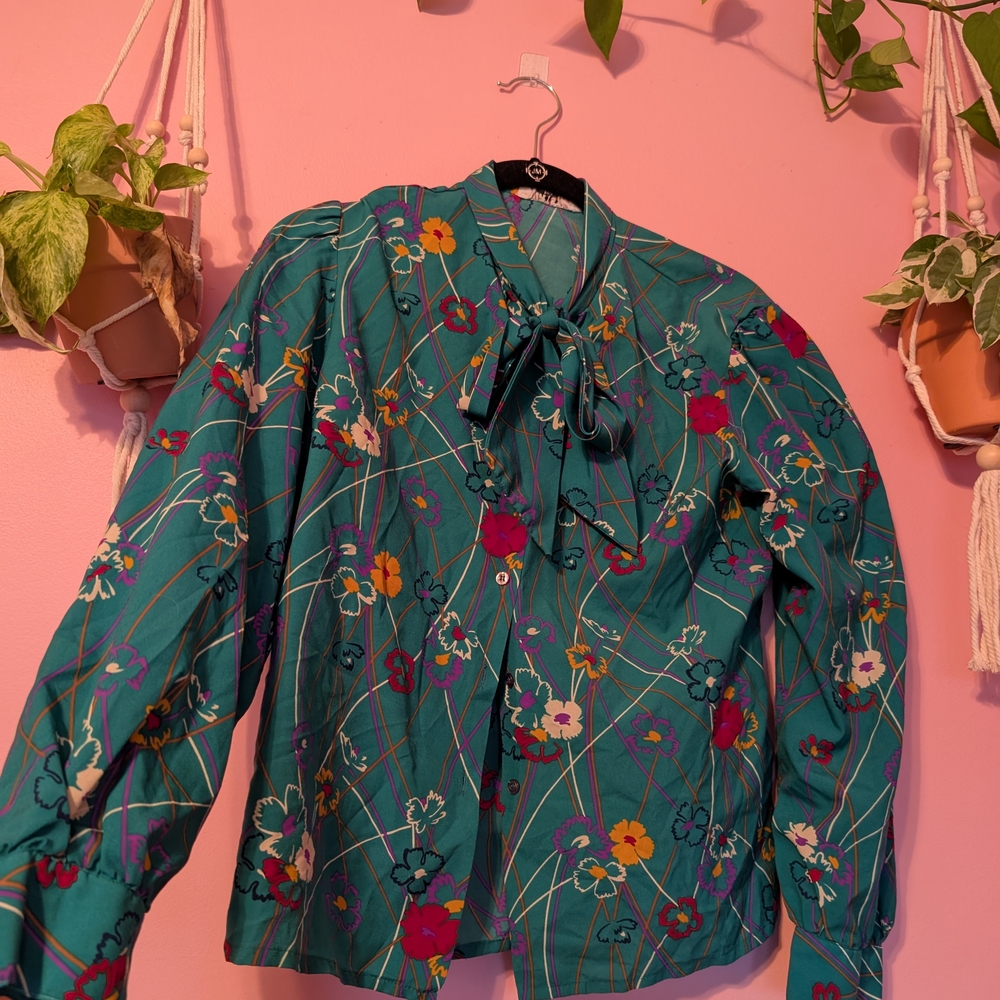 Vintage Floral Teal Blouse with Bow Tie